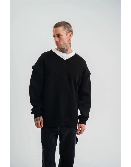 Geniş V yaka Kol Ribana Detaylı SweatShirt - Siyah