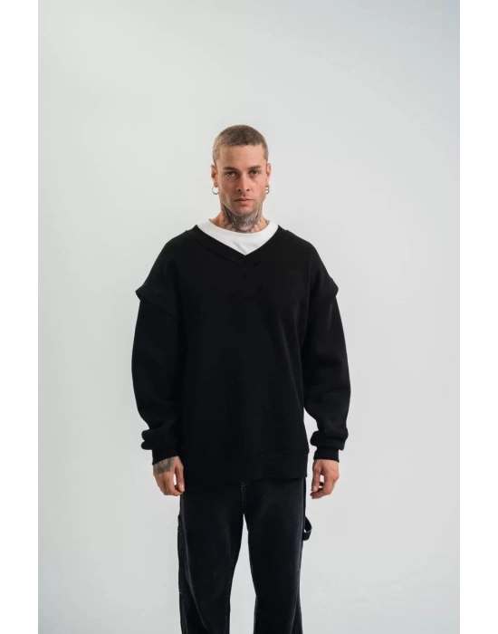 Geniş V yaka Kol Ribana Detaylı SweatShirt - Siyah