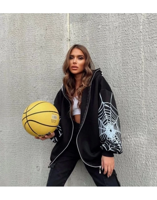 Kadın Bape Spider Baskılı Oversize Hırka - Siyah