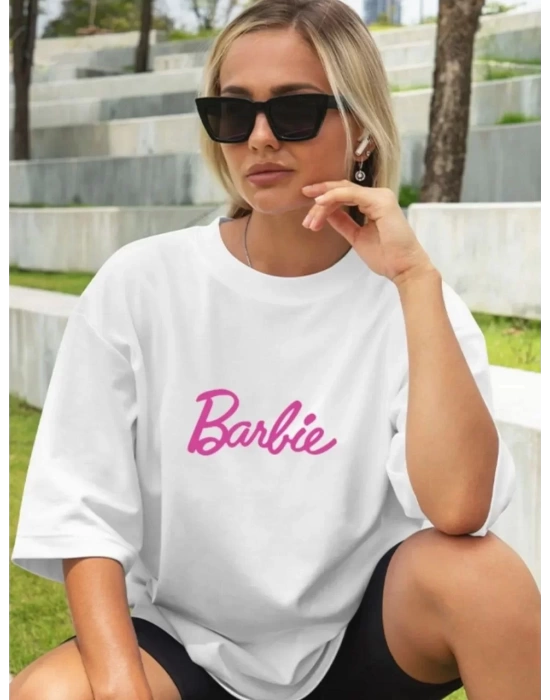 Kadın Baskılı Oversize T-shirt - Beyaz