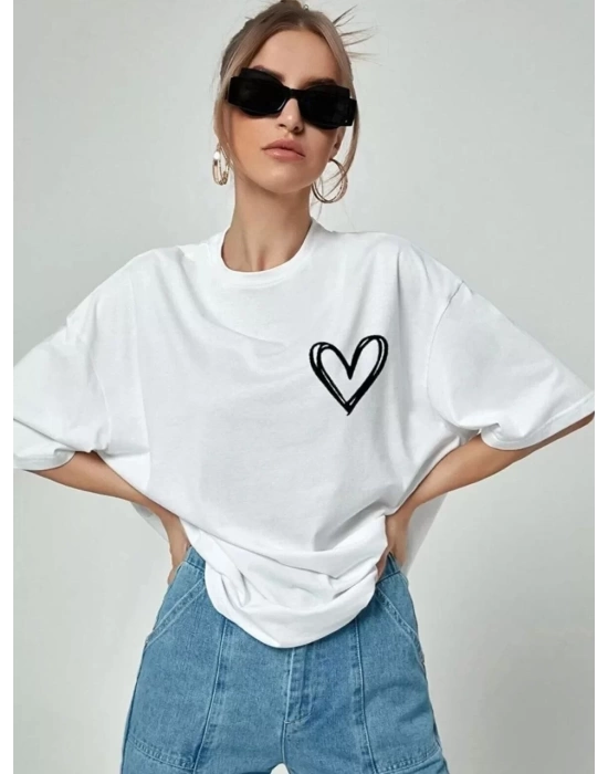 Kadın Bisiklet Yaka Baskılı Oversize T-Shirt - Beyaz