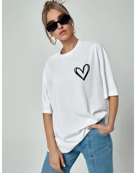 Kadın Bisiklet Yaka Baskılı Oversize T-Shirt - Beyaz