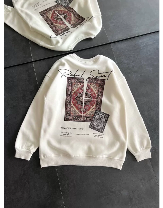 Kadın Bisiklet Yaka Baskılı SweatShirt - Beyaz