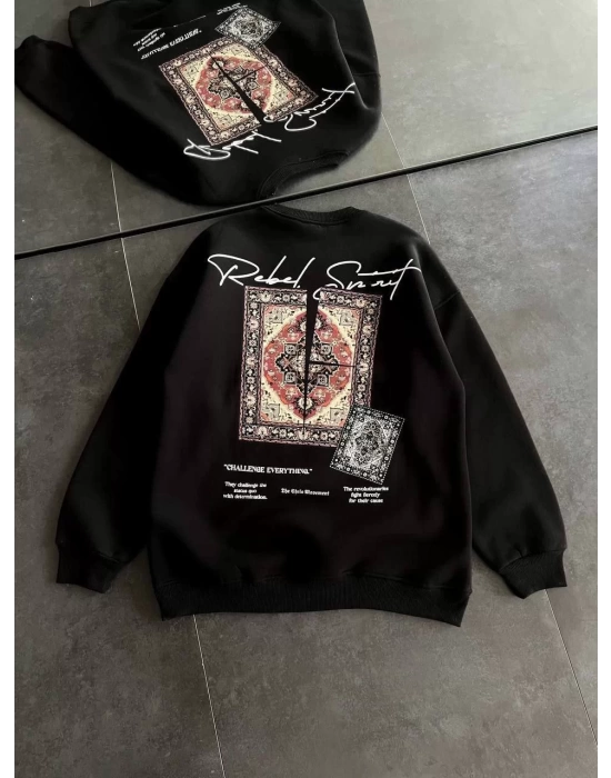 Kadın Bisiklet Yaka Baskılı SweatShirt - Siyah