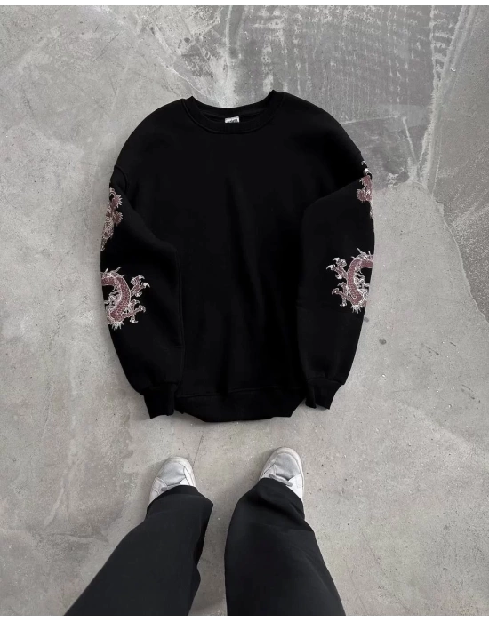 Kadın Bisiklet Yaka Baskılı SweatShirt - Siyah