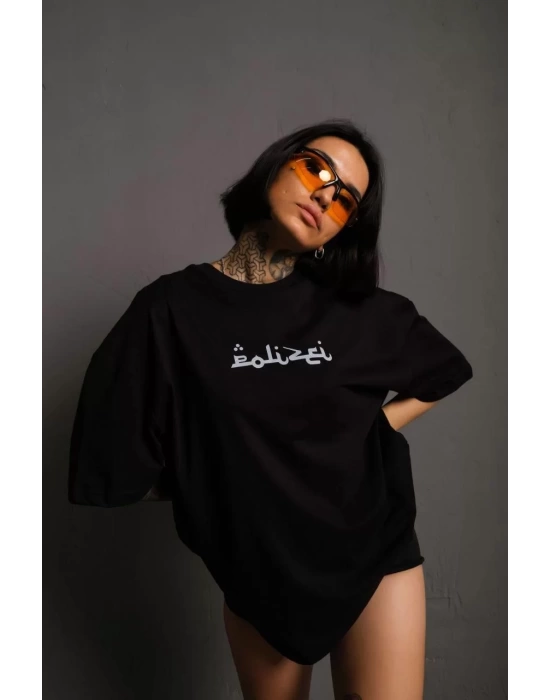 Kadın Bisiklet Yakalı Sırt Baskılı Oversize T-Shirt - Siyah