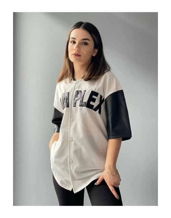 Kadın Complex Kolları Deri Kolej Oversize T-shirt - Beyaz