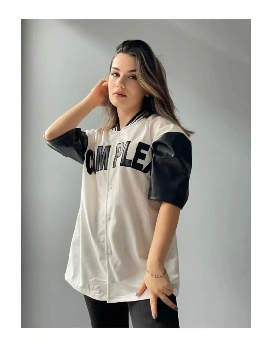 Kadın Complex Kolları Deri Kolej Oversize T-shirt - Beyaz