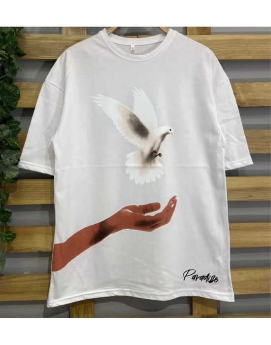 Kadın Dijital Baskılı T-Shirt - Beyaz