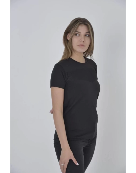 Kadın Gögüs Fileli Slim fit T-shirt - Siyah