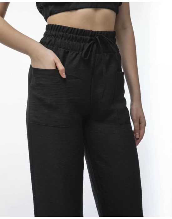 Kadin Keten Pantalon ve Crop Takım - Siyah