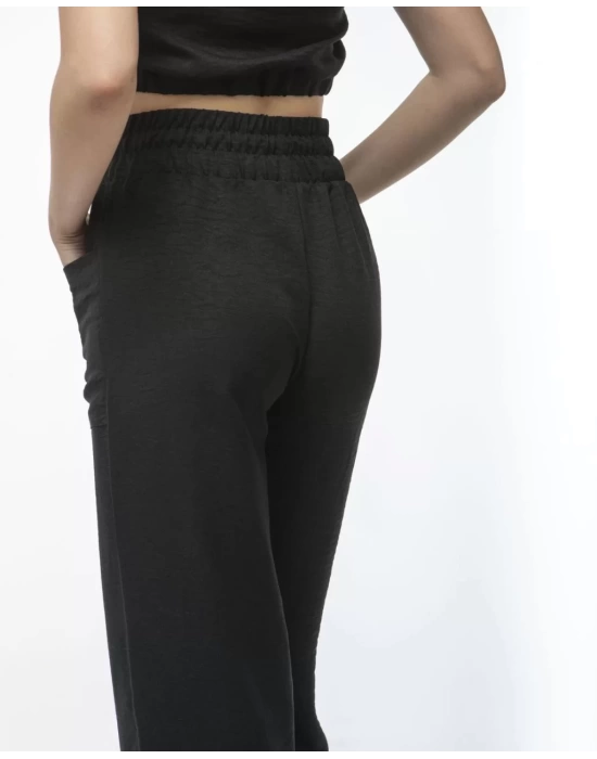 Kadin Keten Pantalon ve Crop Takım - Siyah