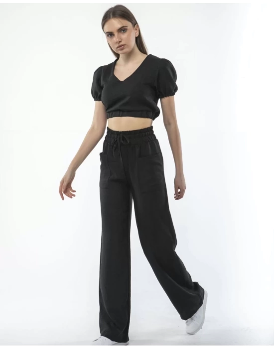 Kadin Keten Pantalon ve Crop Takım - Siyah