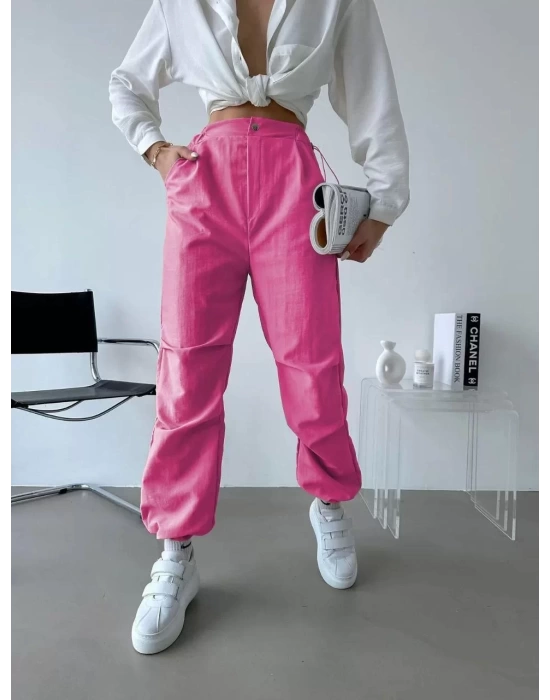 Kadın Paraşüt Kumaş Beli Lastikli Pantalon-Pembe