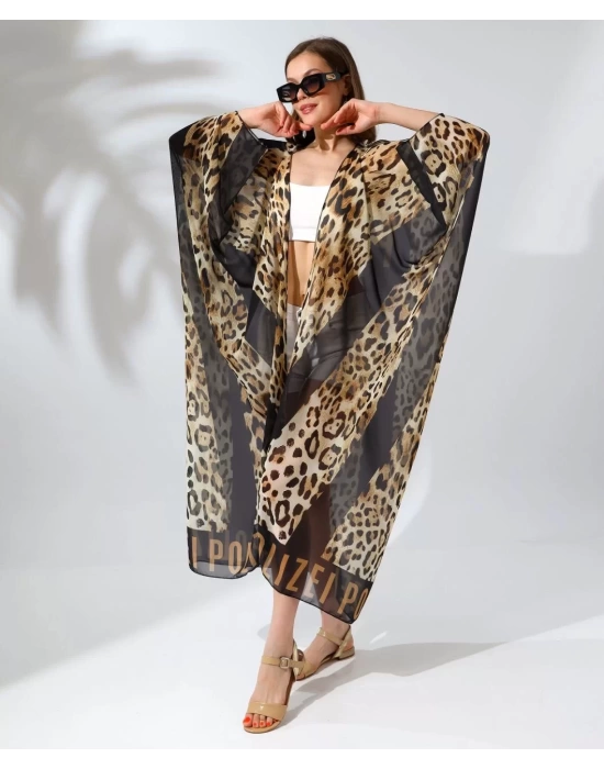 Kadın Rahat Kesim Kemerli Şifon Kimono - Leopar