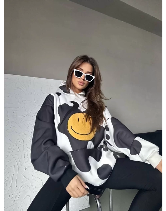 Kadın Smiley Face Kapüşonlu Sweatshirt - Siyah