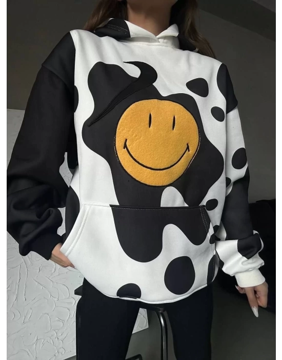 Kadın Smiley Face Kapüşonlu Sweatshirt - Siyah