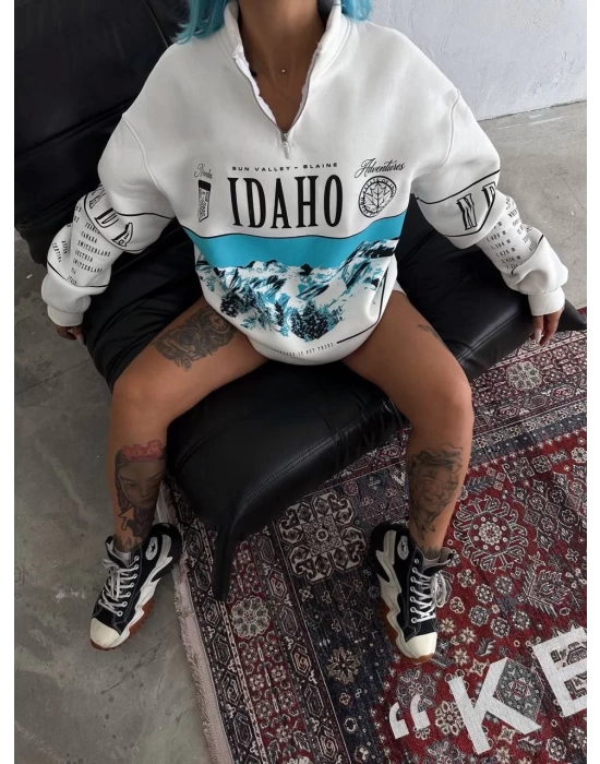 Kadın Yarım Fermuarlı Oversize Baskılı SweatShirt - Beyaz