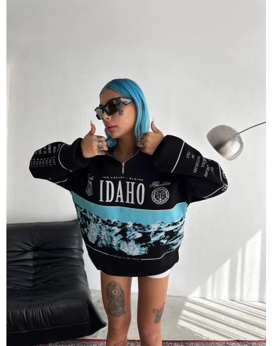 Kadın Yarım Fermuarlı Oversize Baskılı SweatShirt - Siyah