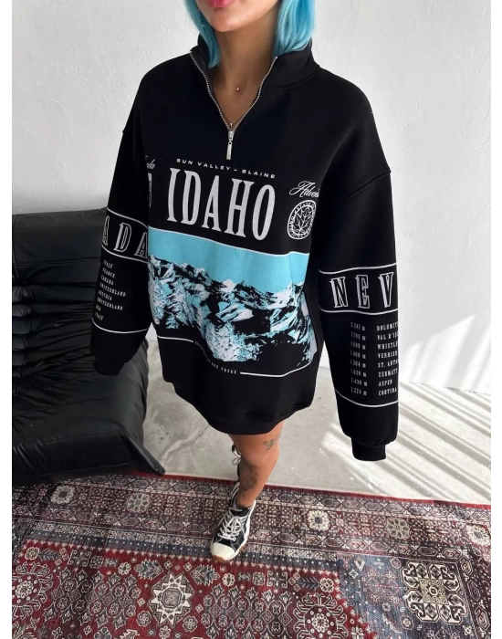 Kadın Yarım Fermuarlı Oversize Baskılı SweatShirt - Siyah