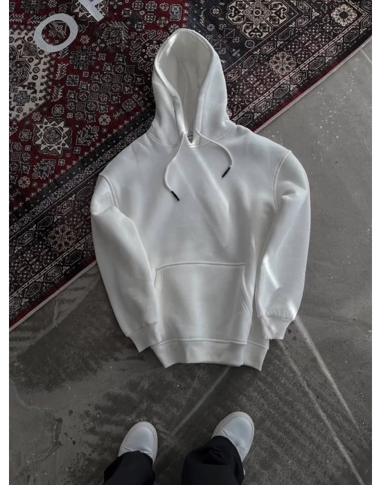 Kapşonlu Üç İplik Penye Basic SweatShirt - Beyaz