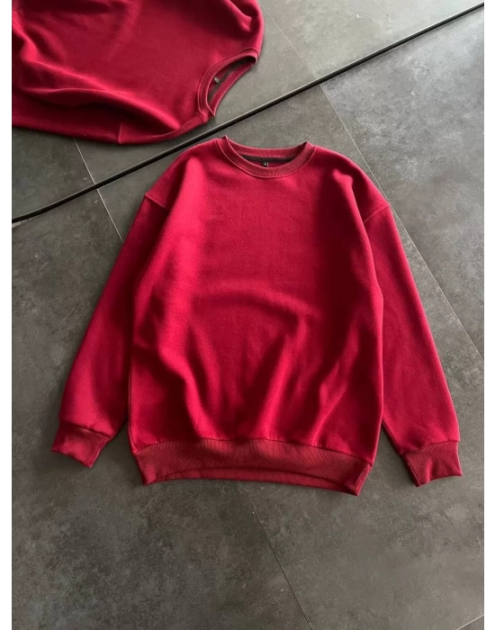 Kışlık Bisiklet Yaka Üç İplik Basic SweatShirt - Bordo