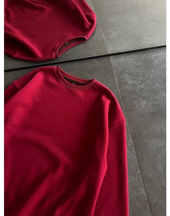 Kışlık Bisiklet Yaka Üç İplik Basic SweatShirt - Bordo