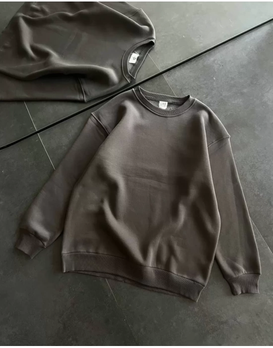 Kışlık Bisiklet Yaka Üç İplik Basic SweatShirt - Füme