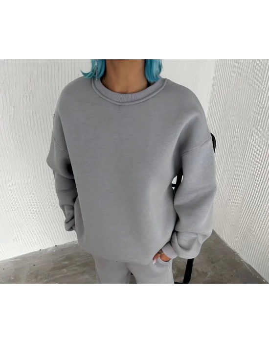 Kışlık Bisiklet Yaka Üç İplik Basic SweatShirt - Gri