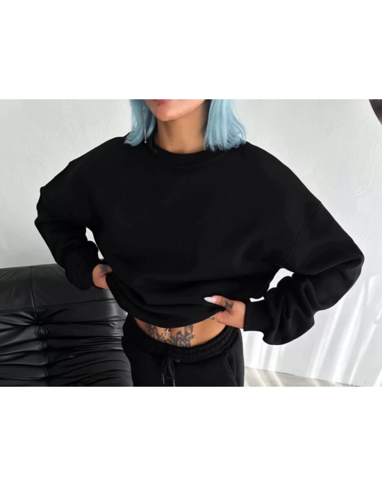 Kışlık Bisiklet Yaka Üç İplik Basic SweatShirt - Siyah