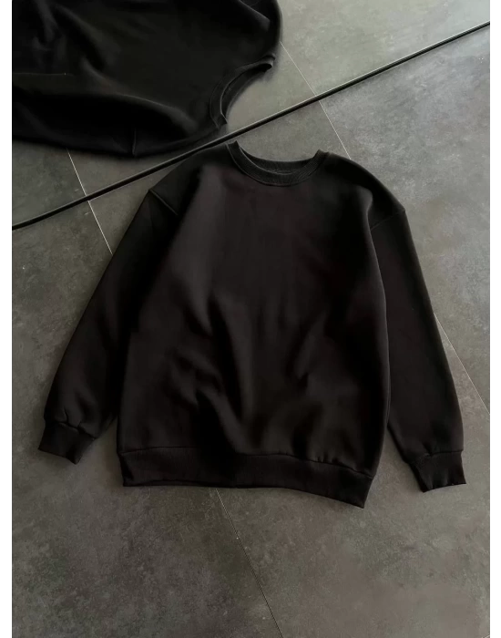 Kışlık Bisiklet Yaka Üç İplik Basic SweatShirt - Siyah