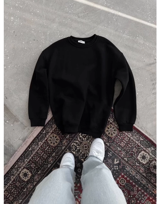 Kışlık Bisiklet Yaka Üç İplik Basic SweatShirt - Siyah