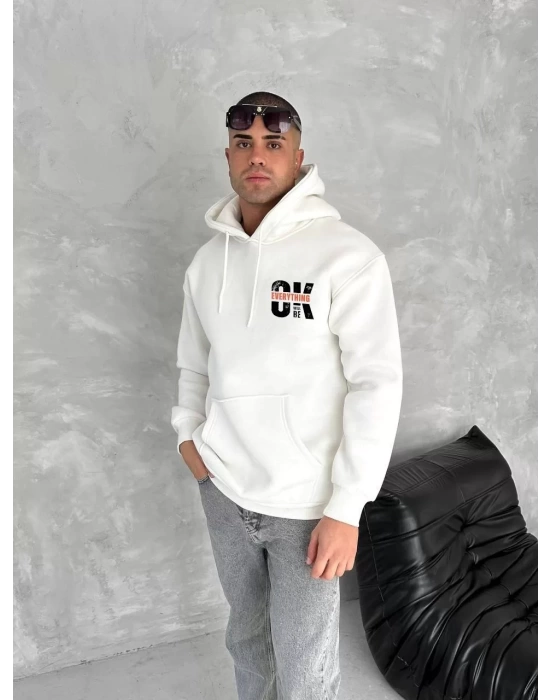 Oversize Üç İplik Kapşonlu SweatShirt - Beyaz