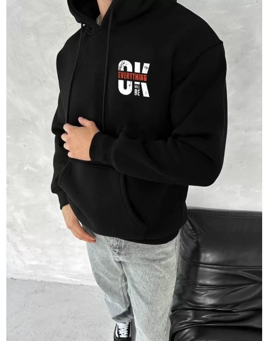 Oversize Üç İplik Kapşonlu SweatShirt - Siyah