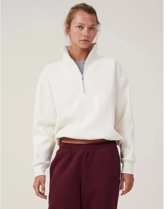 Oversize Yarım Farmuarlı Yakalı Basic SweatShirt - Beyaz