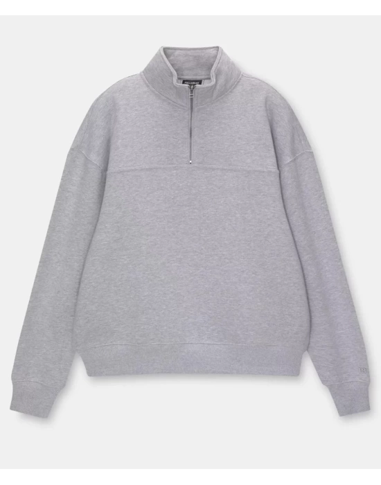 Oversize Yarım Farmuarlı Yakalı Basic SweatShirt - Gri