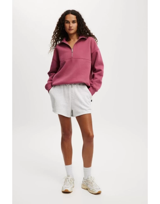 Oversize Yarım Farmuarlı Yakalı Basic SweatShirt - Gül Kurusu