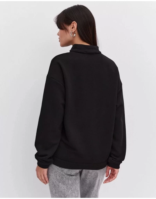 Oversize Yarım Farmuarlı Yakalı Basic SweatShirt - Siyah