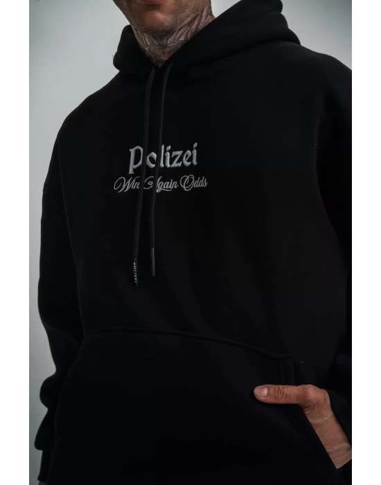 Üç İplik Kapşonlu Dijital Patchli SweatShirt - Siyah