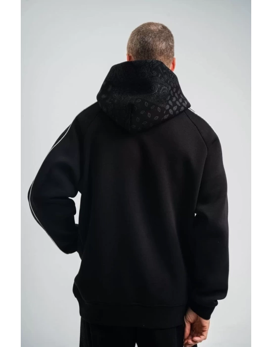 Uzun Kol Kapşonlu Ara Biyeli SweatShirt - Siyah