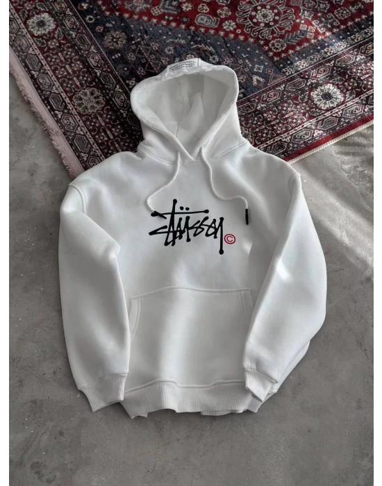 Üç İplik Kapşonlu Baskılı SweatShirt - Beyaz