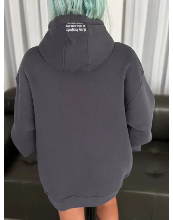 Üç İplik Kapşonlu Baskılı SweatShirt - Füme