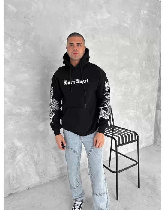 Üç İplik Uzun Kol Kapşonlu Baskılı SweatShirt - Siyah