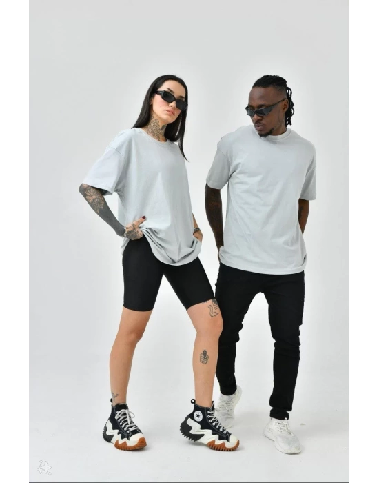 Unisex Basic Bisiklet Yaka Oversize T-Shirt - Boyalı Gri