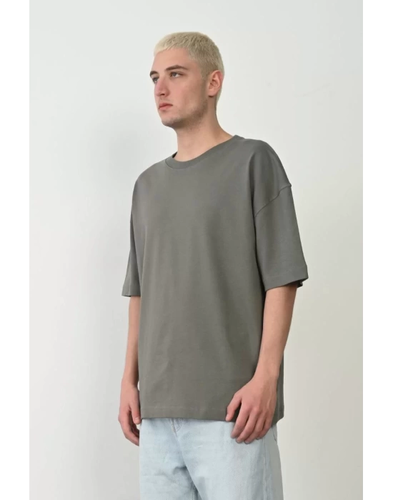 Unisex Basic Bisiklet Yaka Oversize T-Shirt - Füme