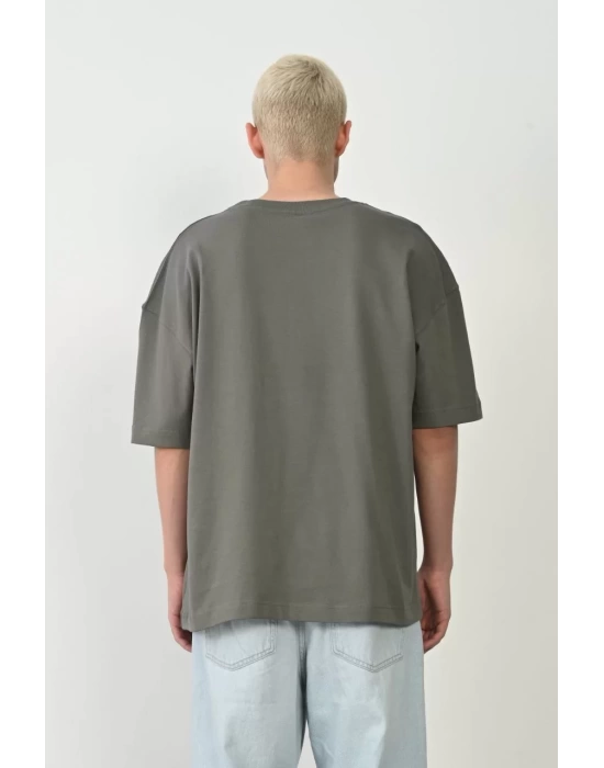 Unisex Basic Bisiklet Yaka Oversize T-Shirt - Füme