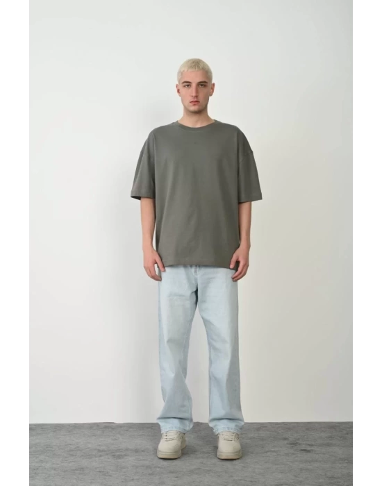 Unisex Basic Bisiklet Yaka Oversize T-Shirt - Füme