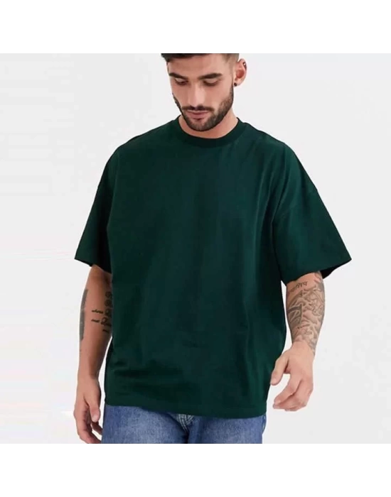 Unisex Basic Bisiklet Yaka Oversize T-Shirt - Haki