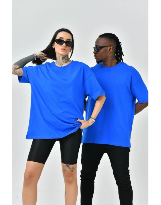 Unisex Basic Bisiklet Yaka Oversize T-Shirt - Mavi