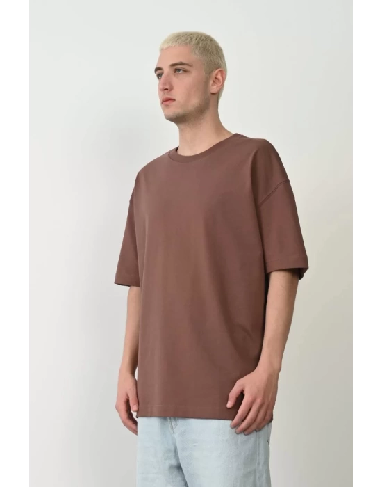 Unisex Basic Bisiklet Yaka Oversize T-Shirt - Mürdüm